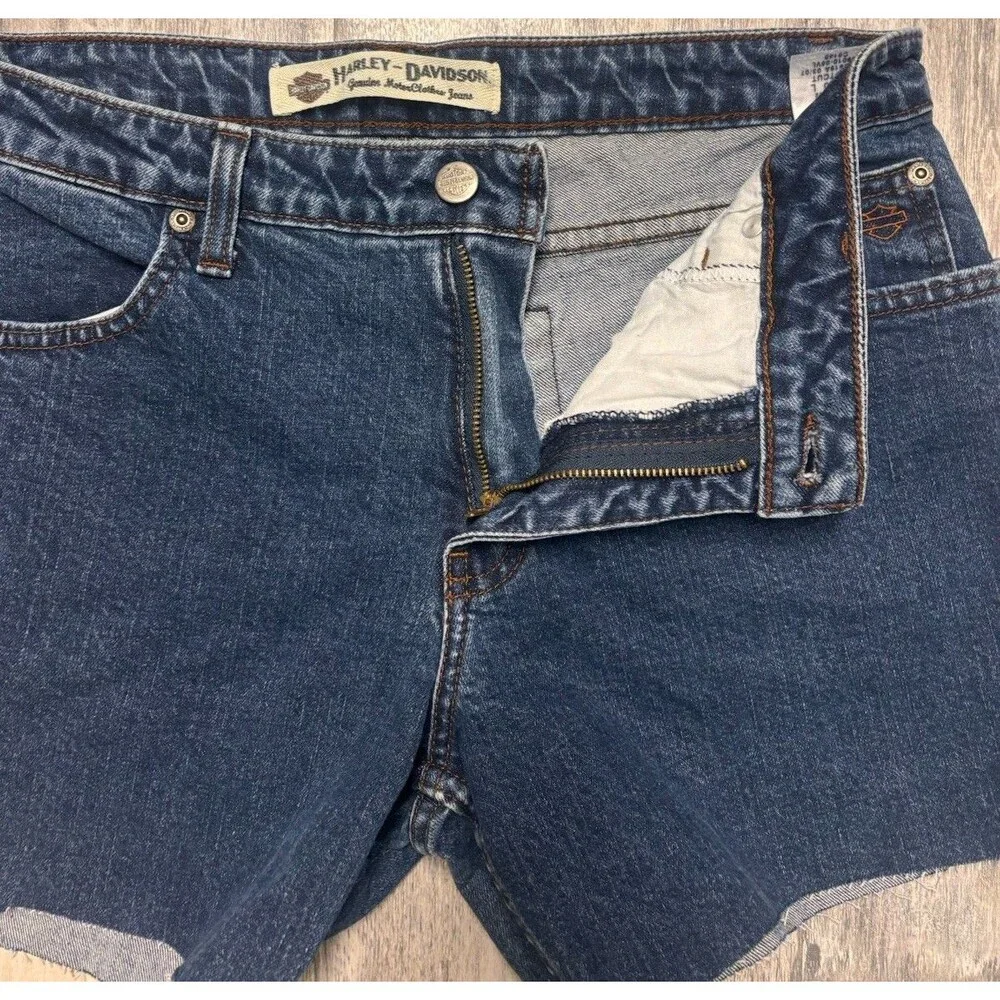 Harley-Davidson Y2K Biker Cut Off Denim Shorts Dark Wash Raw Hem Size 10